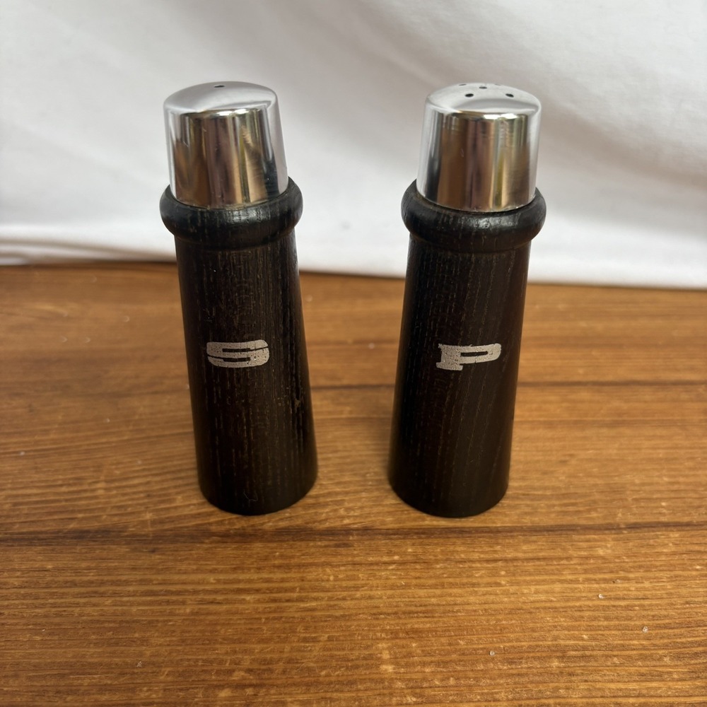 Vintage Mid Century Modern Wood Salt and Pepper Shakers Tapered Silver Top MCM